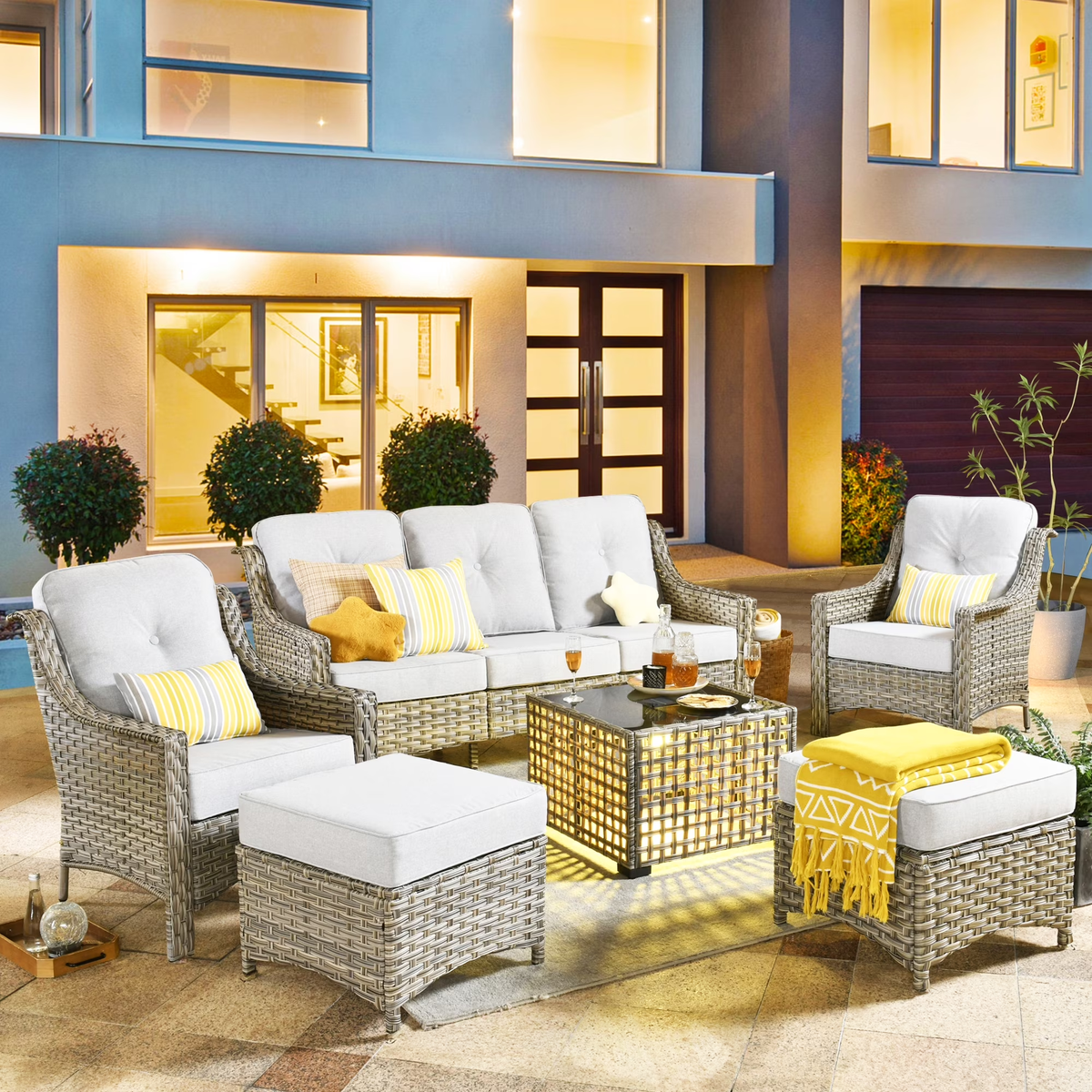 XIZZI 6 Pieces Outdoor Patio Rattan Wicker Furniture Sofa Set with Solar Coffee Table,Grey