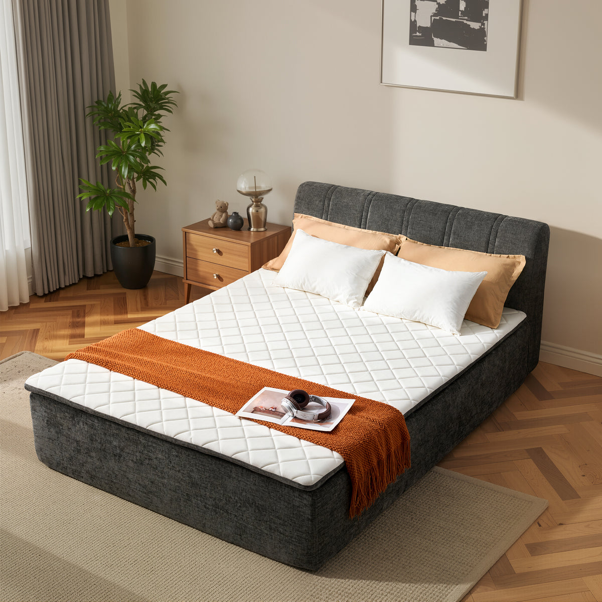 XIZZI Full Size Cloud Bed,2-in-1 Beds Integrated Bed Frame with Mattress, Luxurious Chenille Fabric, Noise-Free Mattress for Deep Sleep, No Assembly Dark Gray