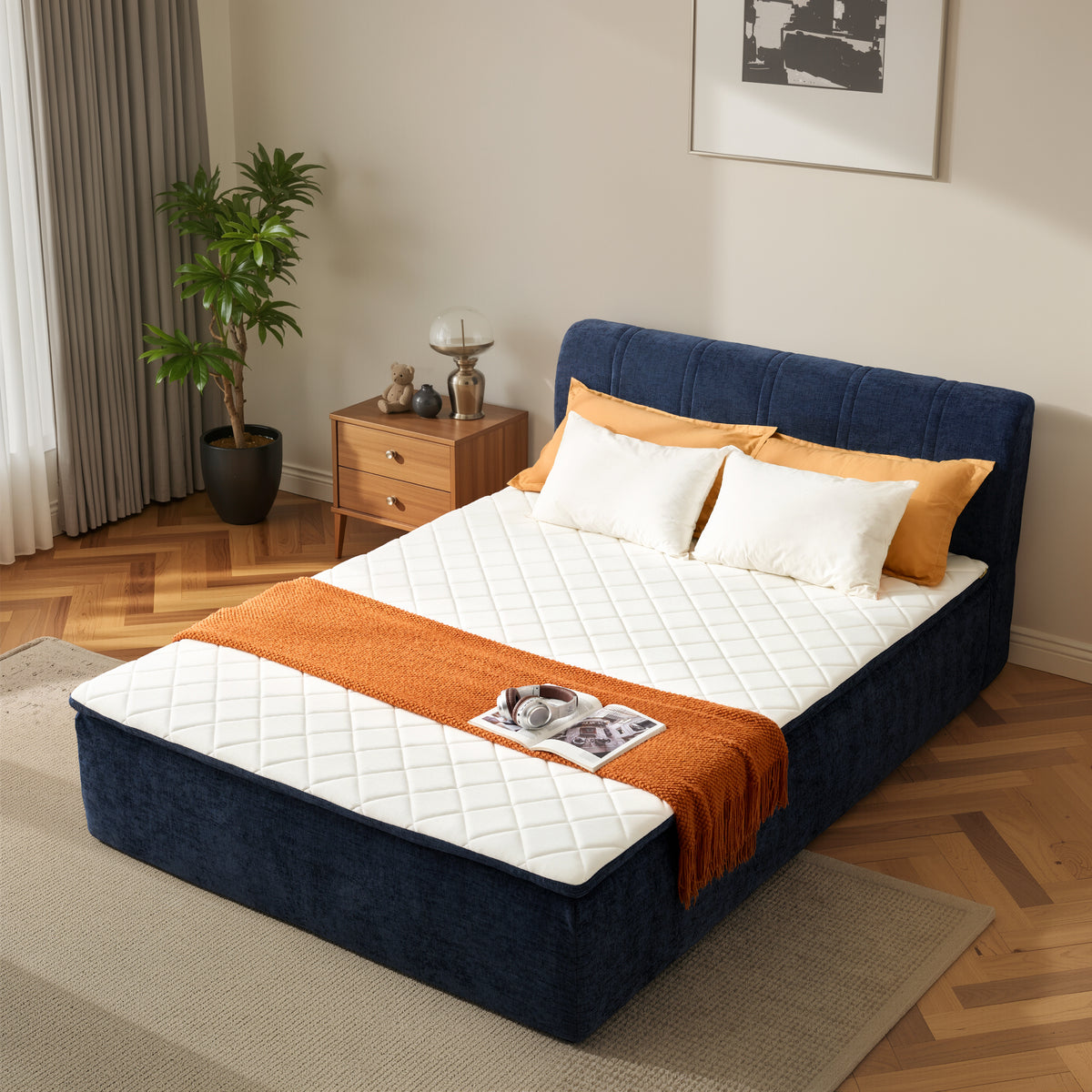 XIZZI Full Size Cloud Bed,2-in-1 Beds Integrated Bed Frame with Mattress, Luxurious Chenille Fabric, Noise-Free Mattress for Deep Sleep, No Assembly Navy