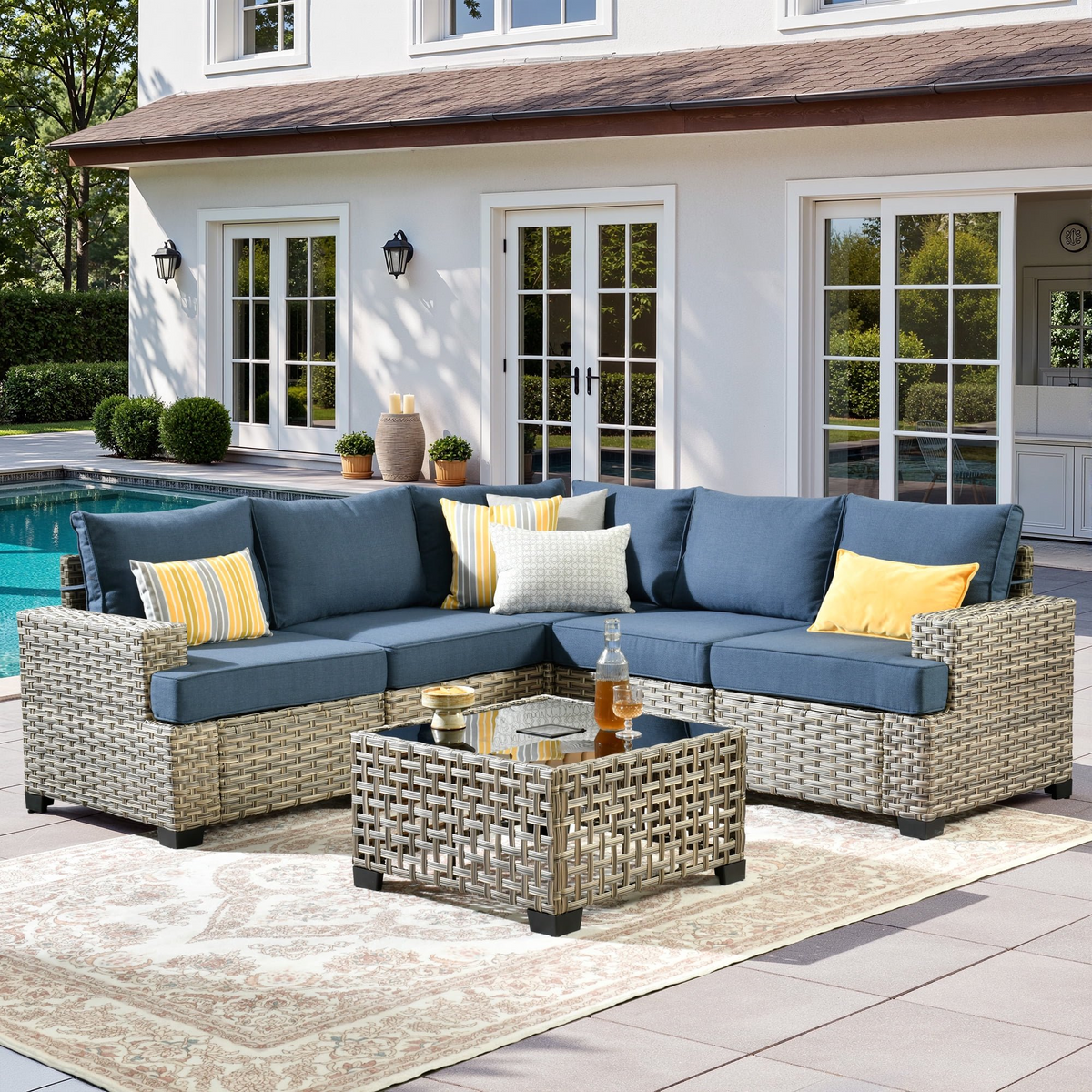 XIZZI 6-Piece Outdoor Patio Sectional Furniture Sets Denim Blue