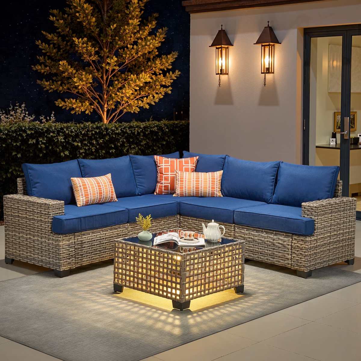 XIZZI 6-Piece Outdoor Sectional Patio Furniture Set, Wicker Patio Furniture with Coffee Table and Cushions, Waterproof Outdoor Conversation Set for Balcony, Porch, Backyard,Navy Blue