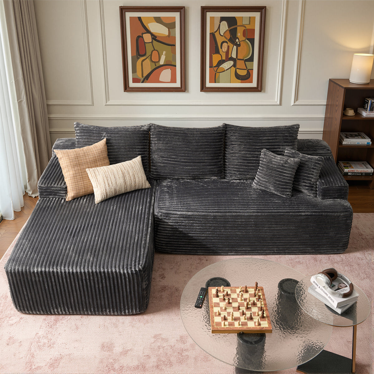 XIZZI 96" Modular Sectional Sofa Couch, L-Shaped Boneless Couches with Plush Corduroy, Modern Cloud Sofa for Living Room Apartment, No Assembly, Left Chaise(Black)
