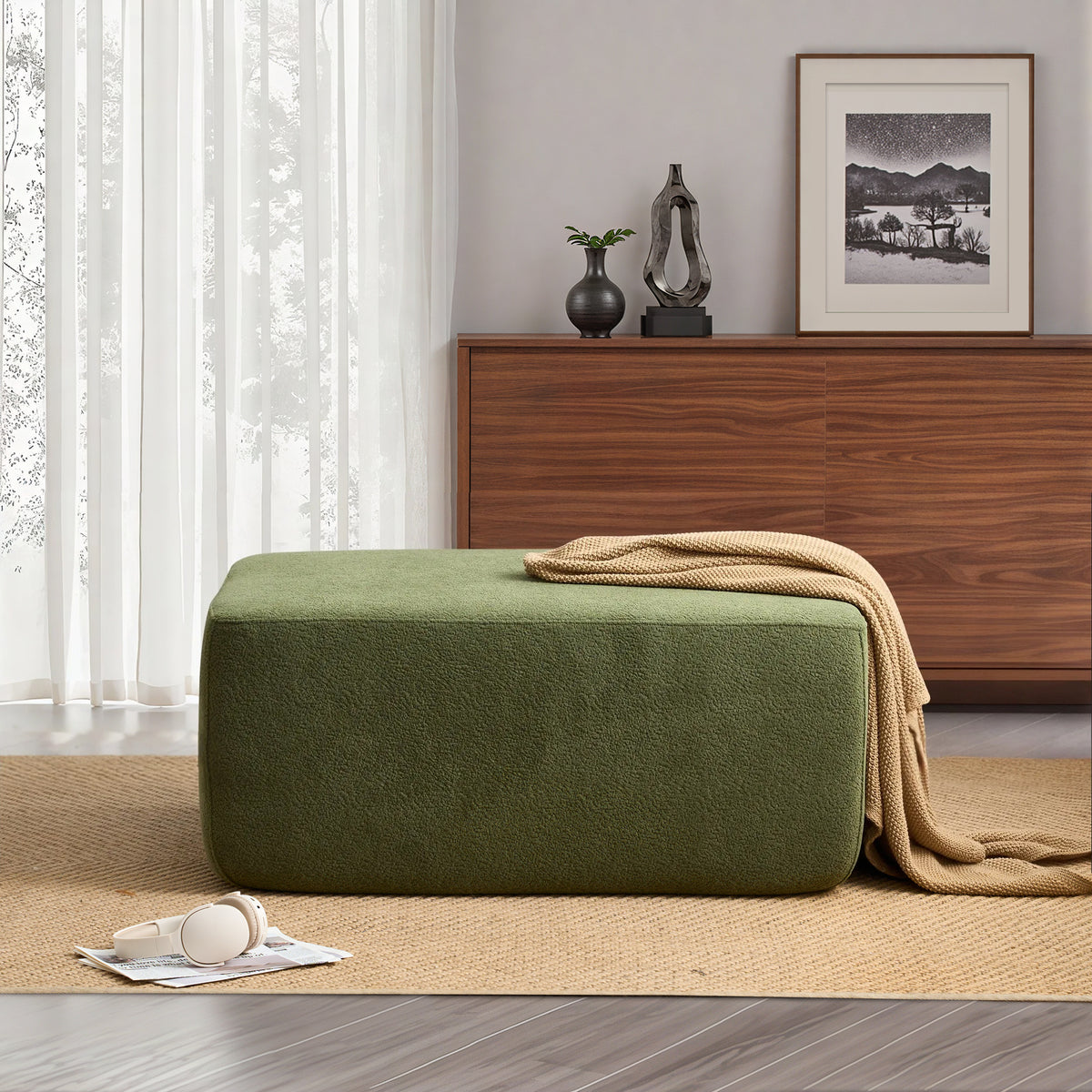 XIZZI Extra Large Ottoman Footrest, Oversized Footstool with Plush & Corduroy Fabrics, Big Size Foot Stool with High-Density Foam, Extra Seating for Living Room Bedroom,No Assembly-Green