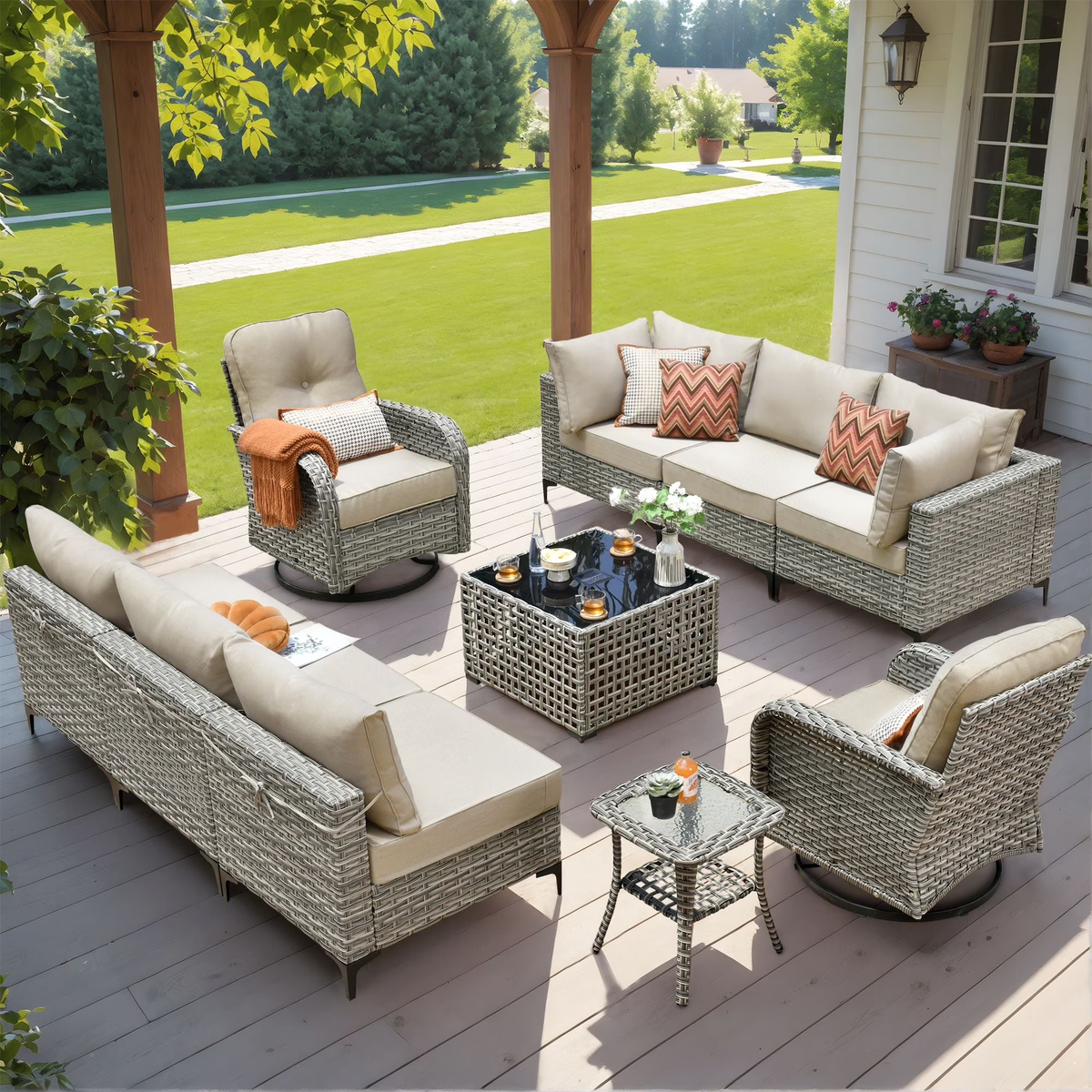 XIZZI 10 Pieces Wicker Patio Furniture with Swivel Rocking Chair Rattan Outdoor Conversation Set beige