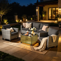 XIZZI Outdoor Patio Furniture Sets with Solar Coffee Table, All-Weather Wicker Rattan Outdoor Furniture Conversation Set for Porch, Patio, Backyard--Black