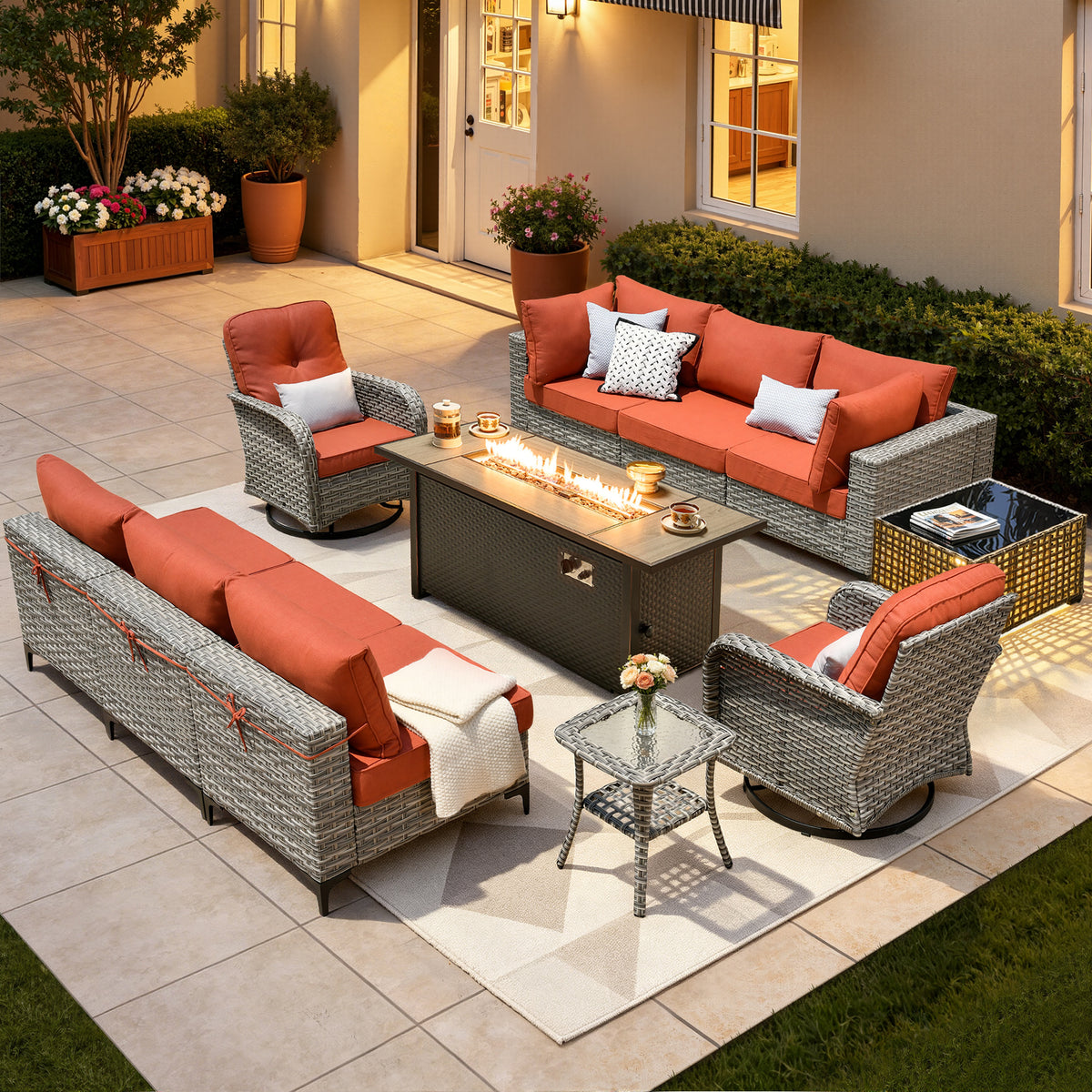 XIZZI 11 Pieces Outdoor Patio Furniture Set All-Weather Wicker Conversation Set Rattan Outside Sectional Sofa with Fire Pit Table & Swivel Rocking Chairs for Garden, Coarse Orange Red