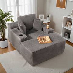XIZZI 67" Oversized Chaise Lounge Indoor, No Assembly Required, Upholstered Sleeper Sofa Bed with Cup Holder & Throw Pillows, Corduroy Fabric, Gray