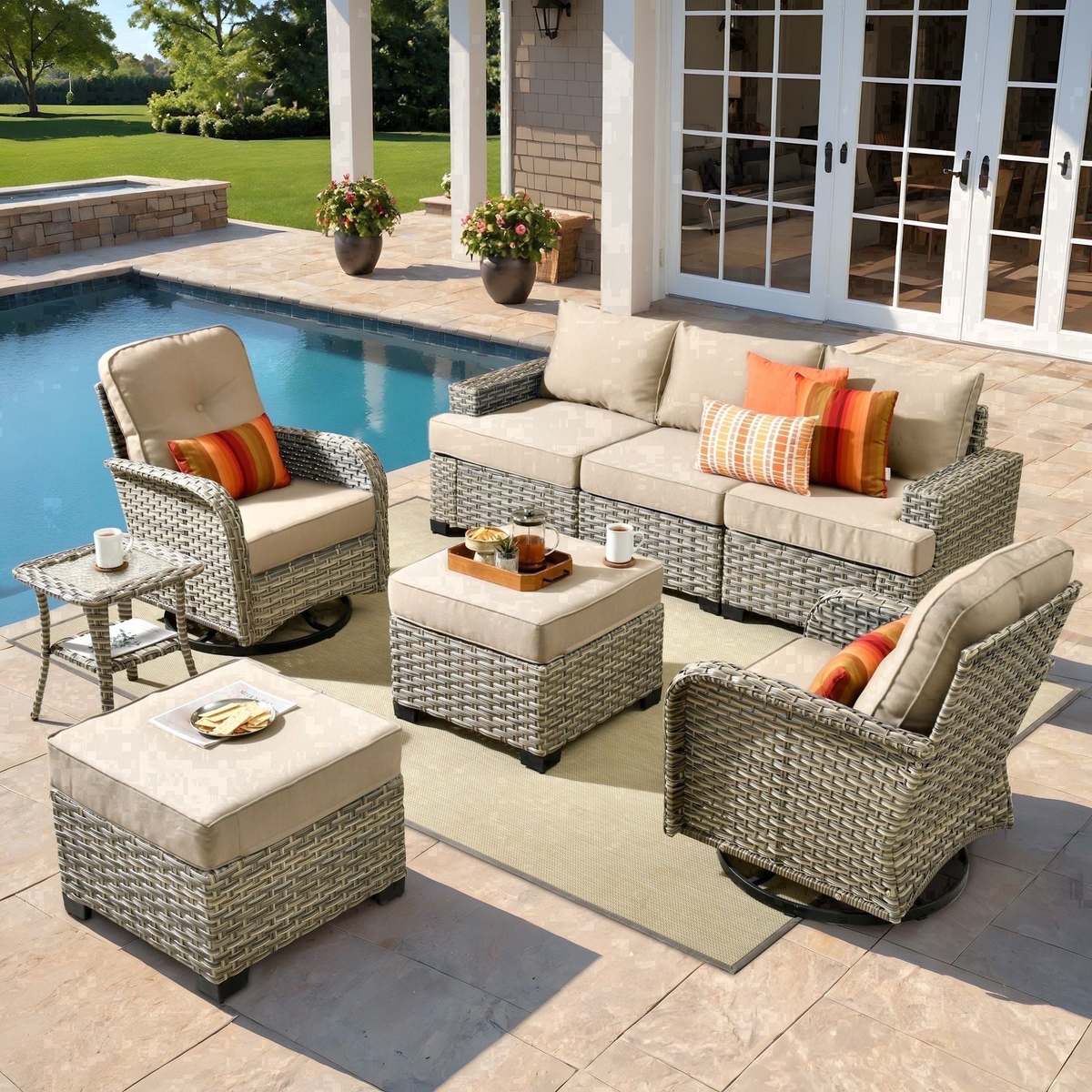 XIZZI 8-Piece Outdoor Patio Sectional Furniture Sets, Wicker Patio furniture with Swivel Chairs, Waterproof Outdoor Conversation Set for Backyard, Beige