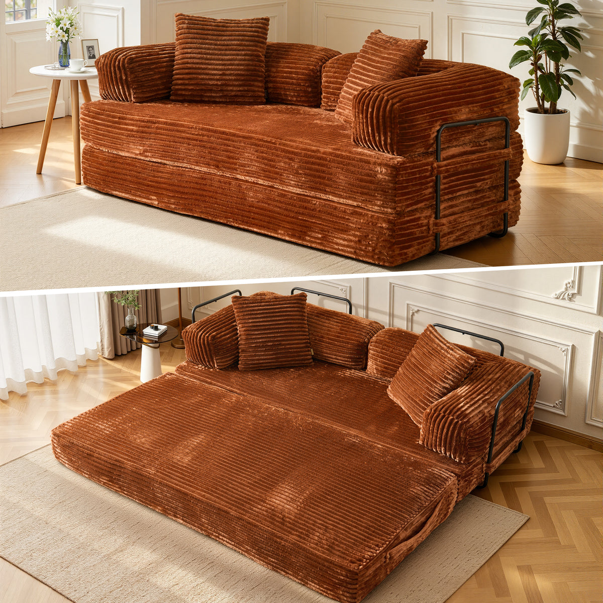XIZZI 80.5" Convertible Sleeper Sofa Bed, Cloud Boneless Couch with Plush Corduroy Fabric, Sprung Support,Oversize Three Seats Combination Sofa for Living Room Bedroom, Brown