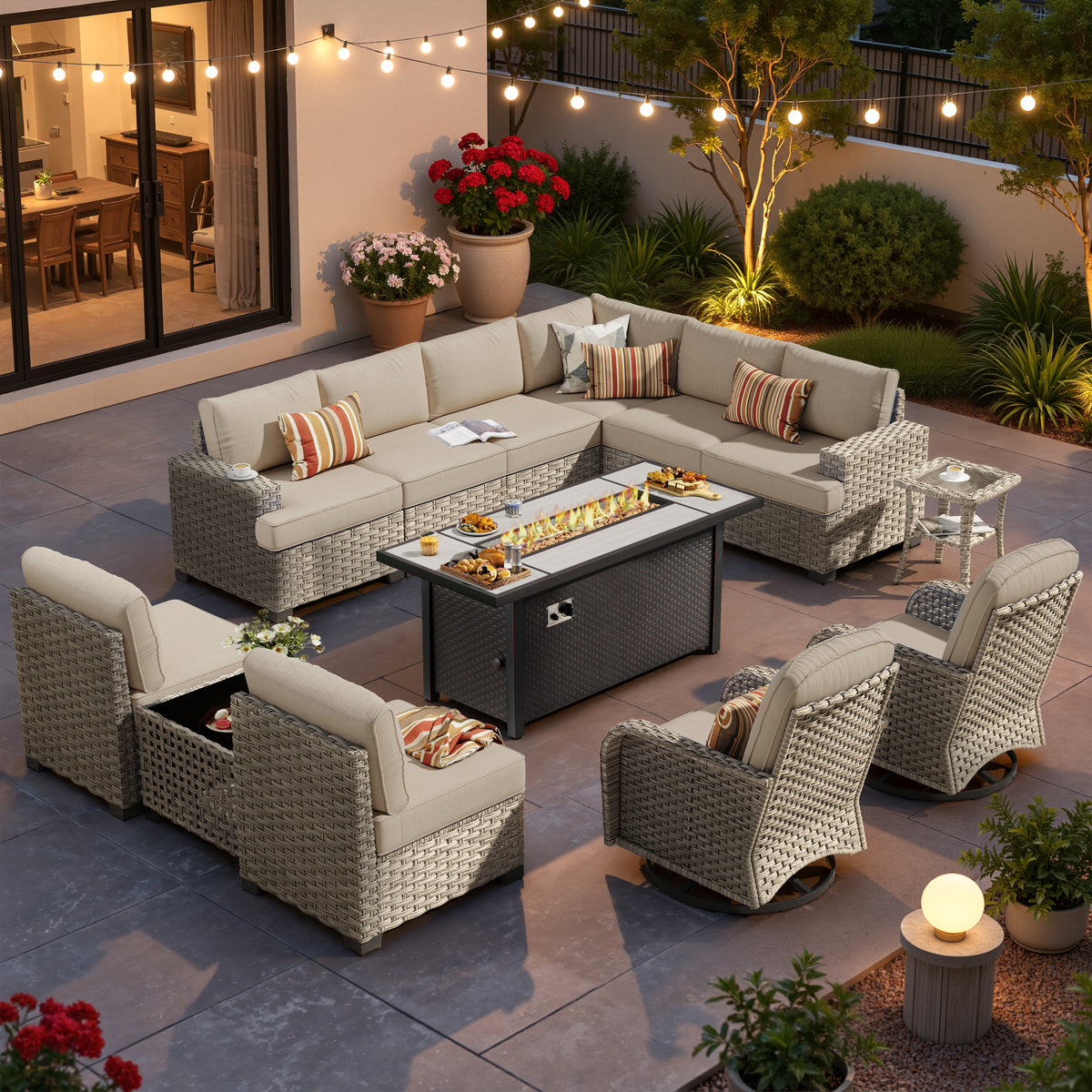 XIZZI 13-Piece Outdoor Furniture Patio Set with Fire Pit Table Swivel Rocking Chair