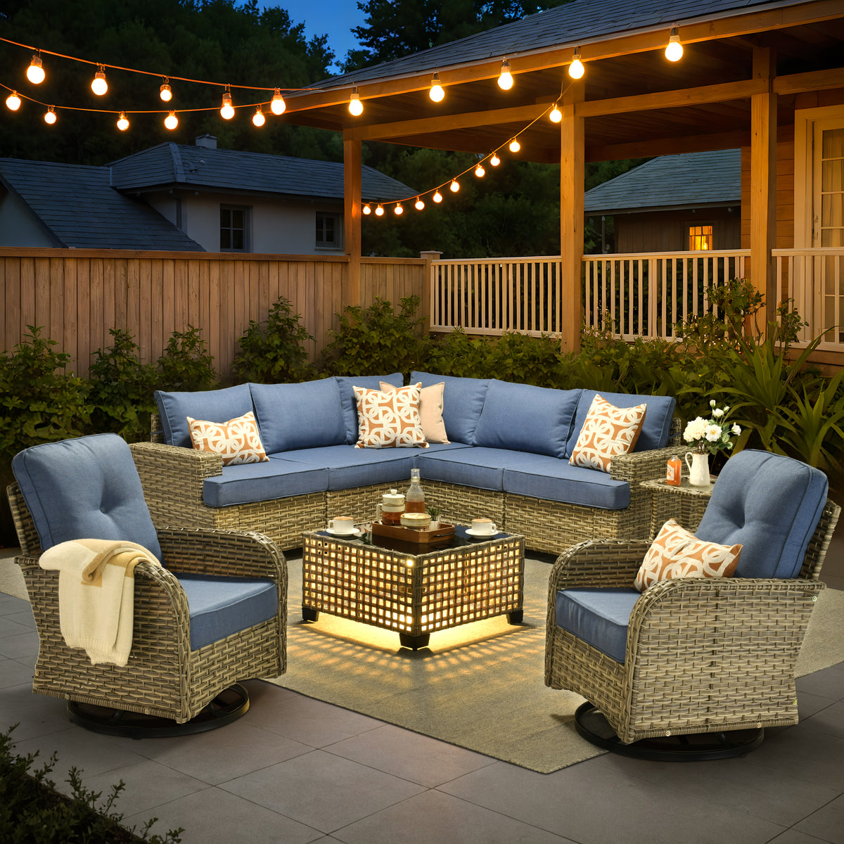 XIZZI 9-Piece Outdoor Patio Sectional Furniture Sets, Wicker Patio furniture with Coffee Table and Swivel Chairs,  Denim Blue