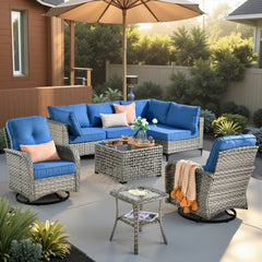 XIZZI 8 Pieces Wicker Patio Furniture with Swivel Rocking Chair Rattan Outdoor Conversation Set Patio Sectionals Set with Glowing Coffee Table for Porch, Navy Blue