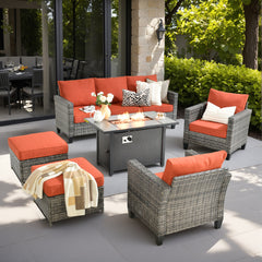 XIZZI Patio Furniture Set with Fire Pit And Ottoman, All-Weather Wicker Rattan Outdoor Conversation Set High Back Outdoor Furniture Sofa for Backyard, Orange Red