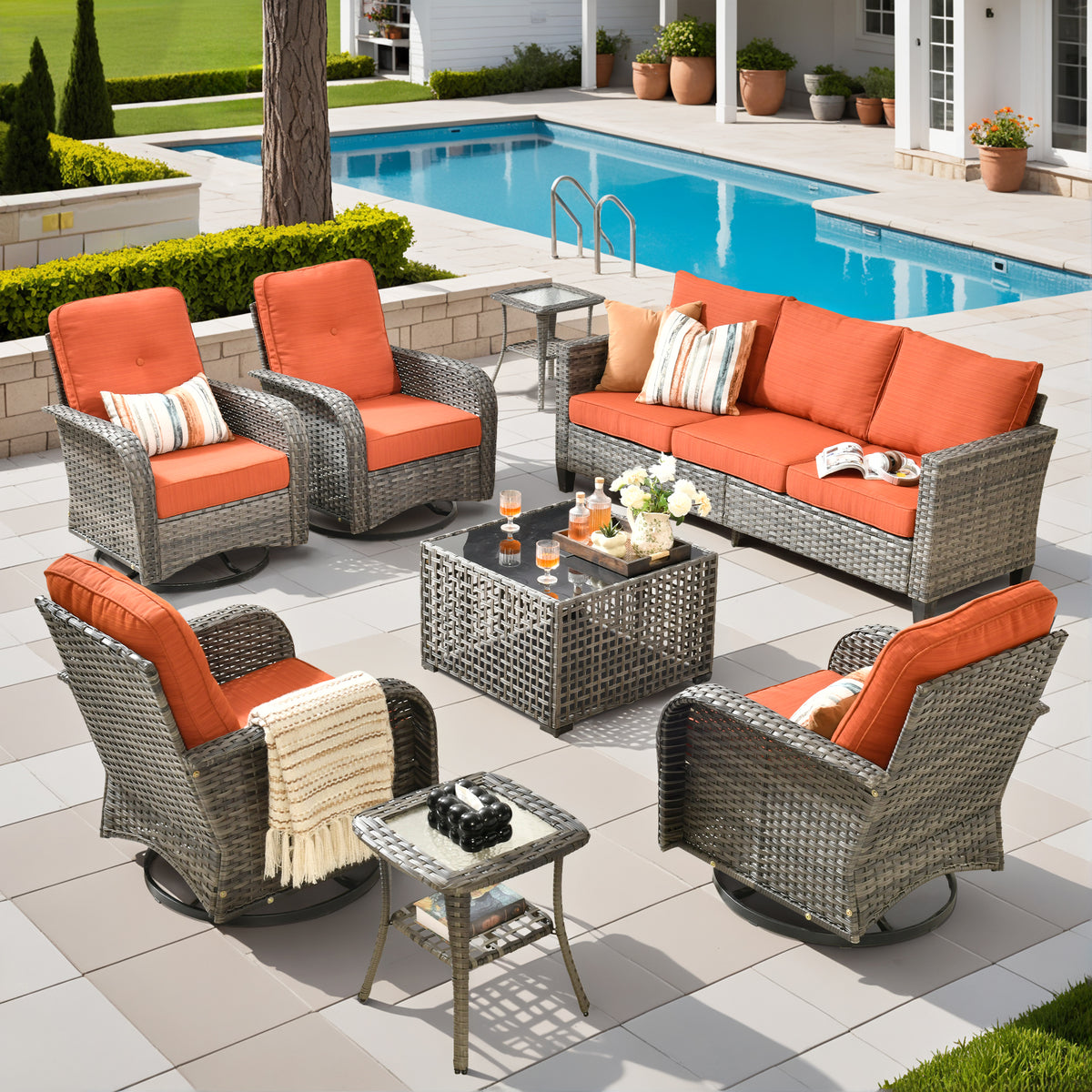XIZZI 8-Piece Patio Furniture Set Outdoor Furniture with 4 Swivel Rocking Chairs, High-Back All-Weather Rattan Wicker Outdoor Conversation Set with Solar Light Coffee Table Orange Red