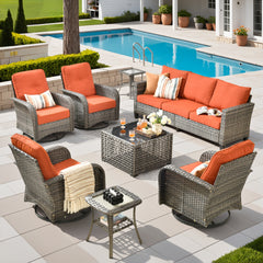 XIZZI 8-Piece Patio Furniture Set Outdoor Furniture with 4 Swivel Rocking Chairs, High-Back All-Weather Rattan Wicker Outdoor Conversation Set with Solar Light Coffee Table Orange Red