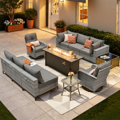 XIZZI 11 Pieces Outdoor Patio Furniture Set All-Weather Wicker Conversation Set Rattan Outside Sectional Sofa with Fire Pit Table & Swivel Rocking Chairs for Garden, Dark Gray