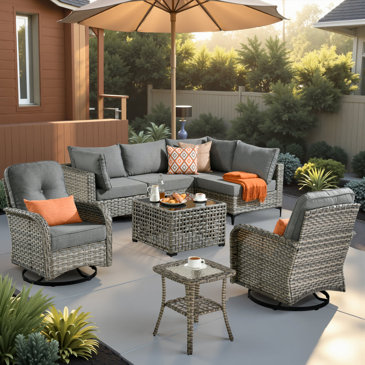 XIZZI 8 Pieces Wicker Patio Furniture with Swivel Rocking Chair Rattan Outdoor Conversation Set Patio Sectional Set with Glowing Coffee Table for Porch, Dark Gray