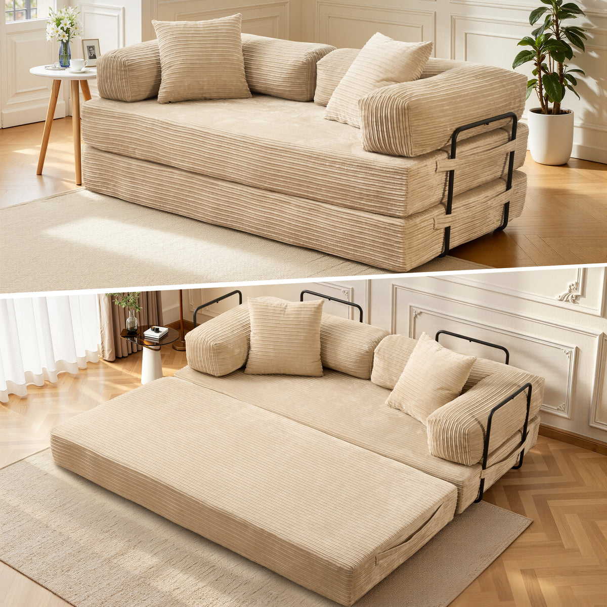 XIZZI 80.5" Convertible Sleeper Sofa Bed, Cloud Boneless Couch with Plush Corduroy Fabric, Sprung Support,Oversize Three Seats Combination Sofa for Living Room Bedroom, Beige