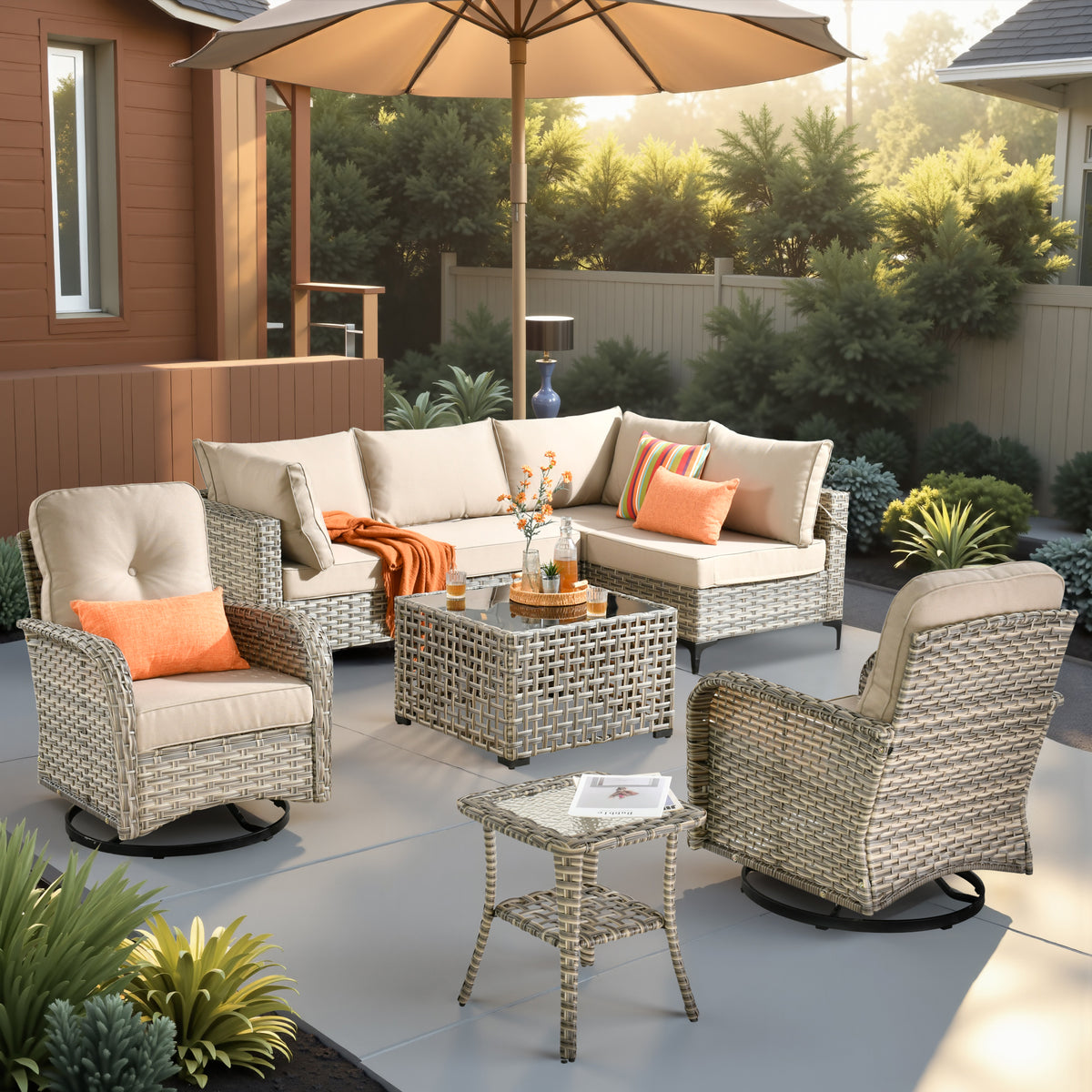 XIZZI 8 Pieces Wicker Patio Furniture with Swivel Rocking Chair Rattan Outdoor Conversation Set Patio Sectionals Set with Glowing Coffee Table for Porch, Beige