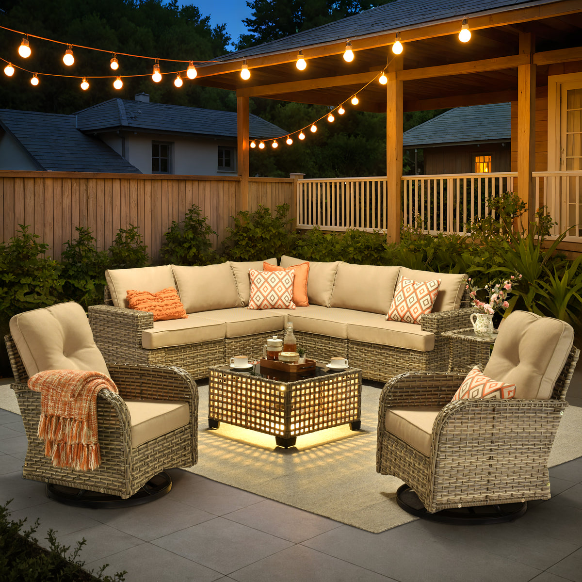 XIZZI 9-Piece Outdoor Patio Sectional Furniture Sets, Wicker Patio furniture with Coffee Table Beige and Swivel Chairs