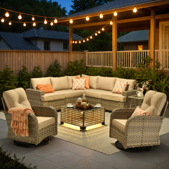 XIZZI 9-Piece Outdoor Patio Sectional Furniture Sets, Wicker Patio furniture with Coffee Table Beige and Swivel Chairs