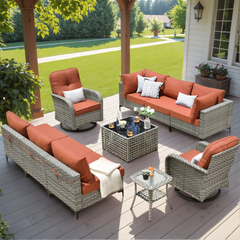 XIZZI 10 Pieces Wicker Patio Furniture with Swivel Rocking Chair Rattan Outdoor Conversation Set Coarse Orange Red