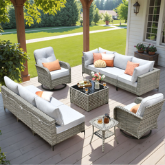 XIZZI 10 Pieces Wicker Patio Furniture with Swivel Rocking Chair Rattan Outdoor Conversation Set Gray