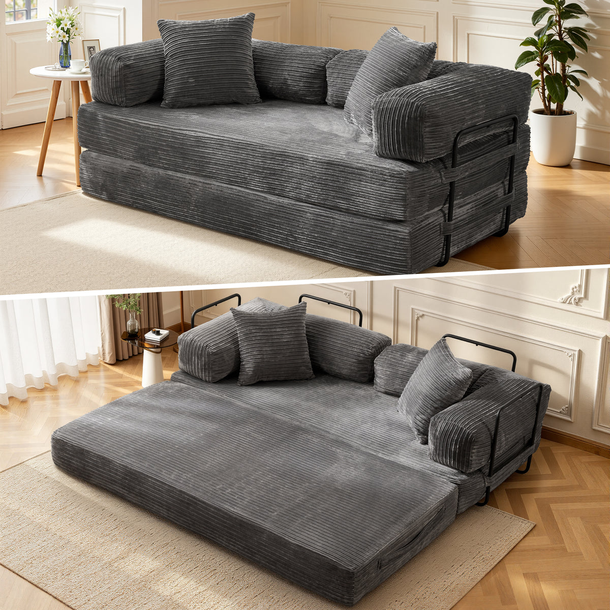 XIZZI 80.5" Convertible Sleeper Sofa Bed, Cloud Boneless Couch with Plush Corduroy Fabric, Sprung Support,Oversize Three Seats Combination Sofa for Living Room Bedroom, Gray
