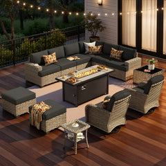 XIZZI 13-Piece Outdoor Patio Furniture Sets with Fire Pit Table Swivel Rocking Chairs, Wicker Outdoor Sectional Conversation Sets with Ottoman & Solar Coffee Table for Large Villa Manor, Black