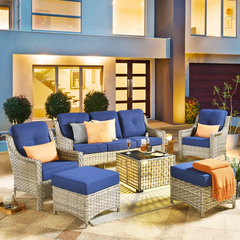XIZZI 6 Pieces Outdoor Patio Rattan Wicker Furniture Sofa Set with Solar Coffee Table,Blue
