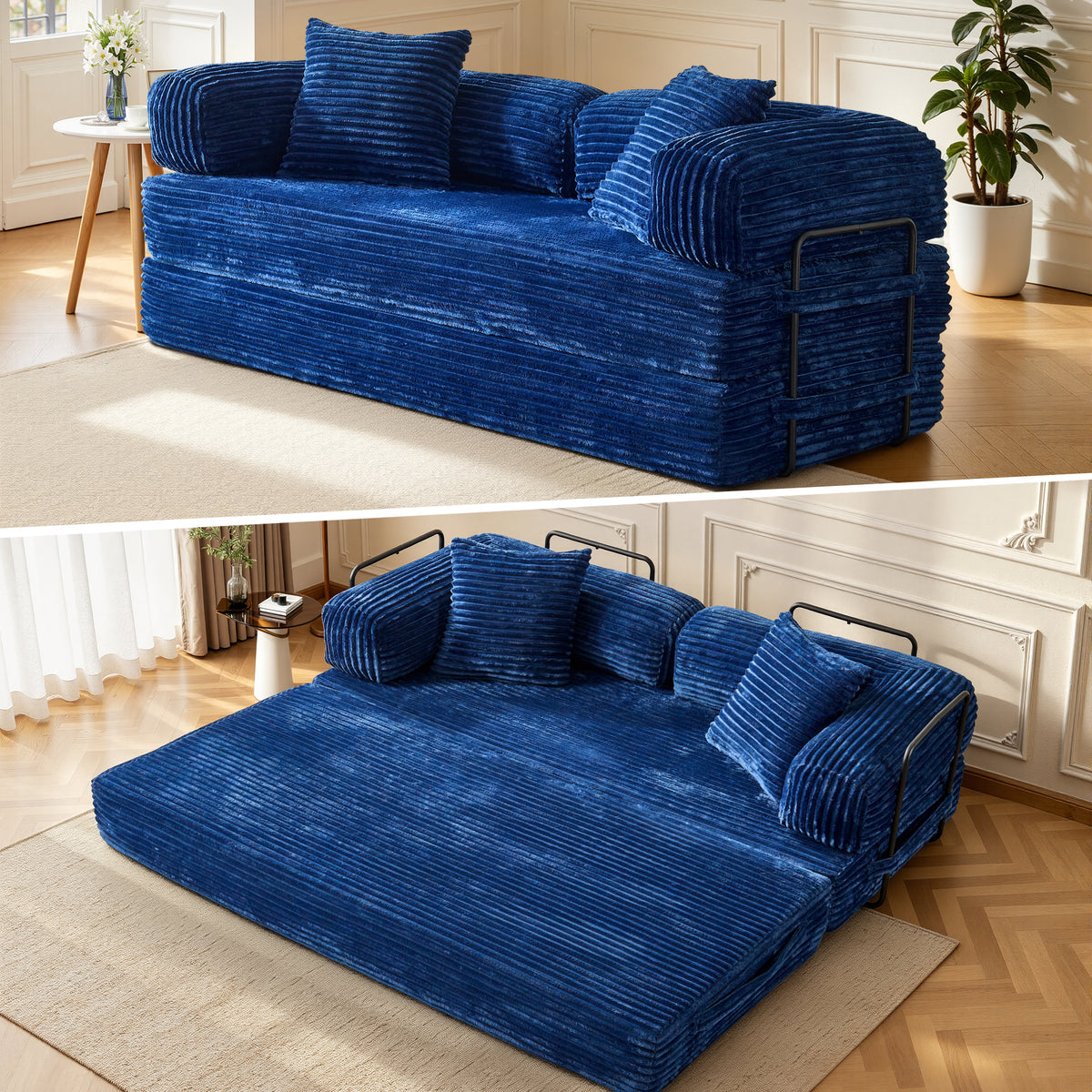 XIZZI 80.5" Convertible Sleeper Sofa Bed, Cloud Boneless Couch with Plush Corduroy Fabric, Sprung Support,Oversize Three Seats Combination Sofa for Living Room Bedroom, Blue