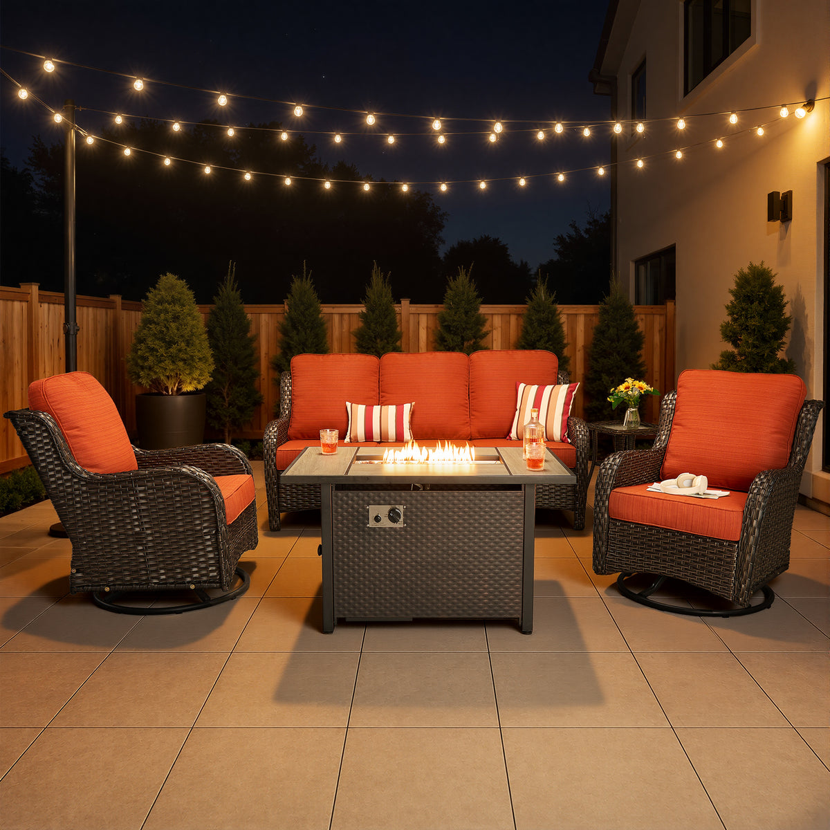 XIZZI 5-Piece Patio Furniture Sets Outdoor Furniture with Ottomans, High Back All-Weather PE Wicker Outdoor Conversation Set, 5-seater Orange