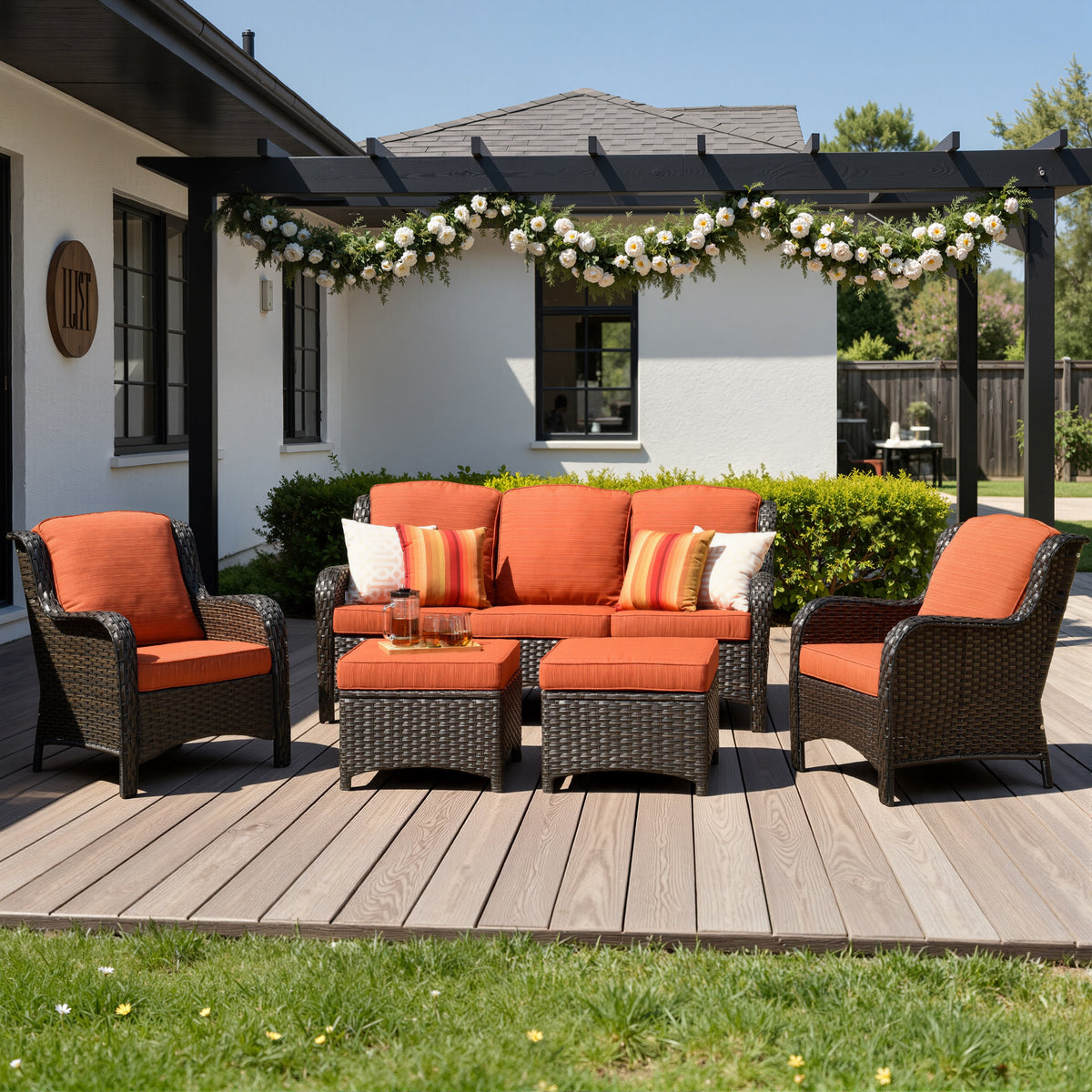 XIZZI 5-Piece Patio Furniture Sets Outdoor Furniture with Ottomans, High Back All-Weather PE Wicker Outdoor Conversation Set, 5-seater Orange