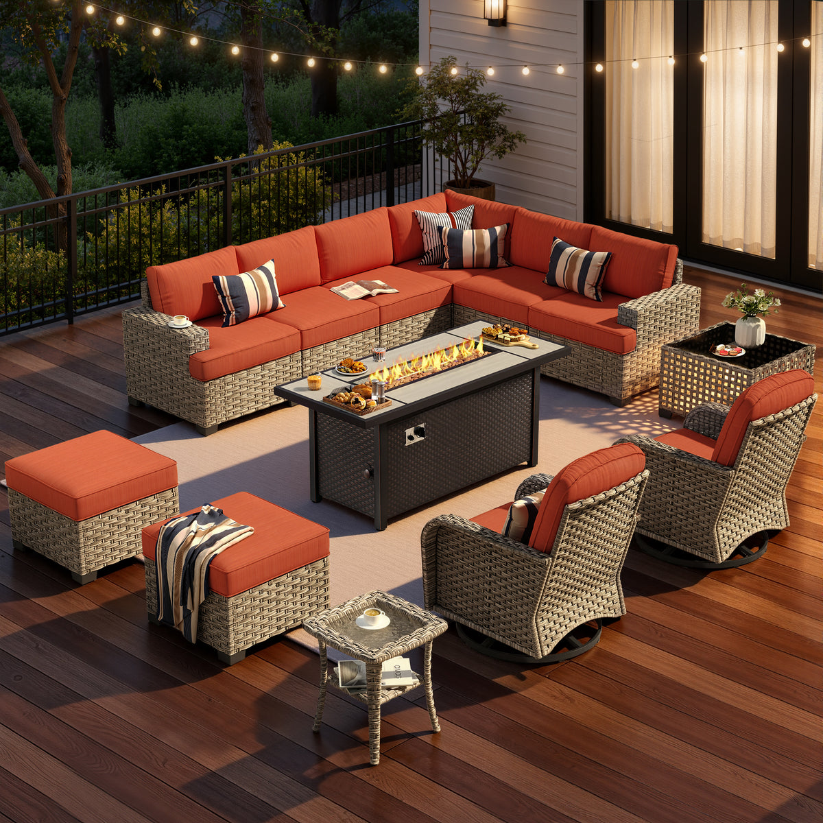 XIZZI 13-Piece Outdoor Patio Furniture Sets with Fire Pit Table Swivel Rocking Chairs, Wicker Outdoor Sectional Conversation Sets with Ottoman & Solar Coffee Table for Large Villa Manor, Orange