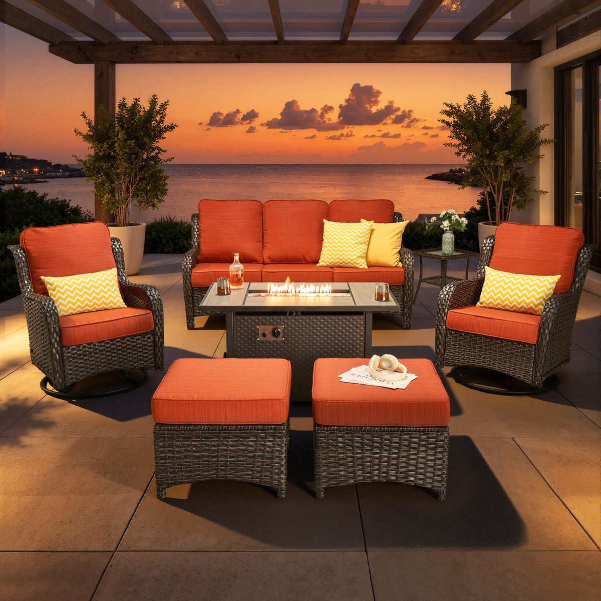 XIZZI 7-Piece Patio Furniture Sets Outdoor Furniture with Fire Pit Table and Swivel Rocking Chairs, High Back All-Weather PE Wicker Outdoor Conversation Set-Orange