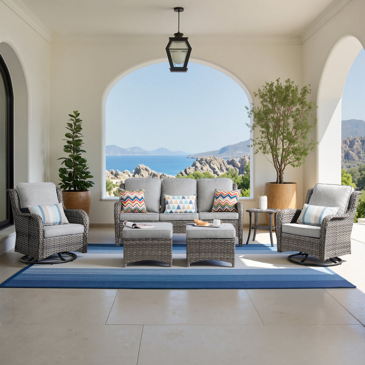 XIZZI 6-Piece Patio Furniture Sets Outdoor Furniture with Swivel Rocking Chairs and Ottomans, High Back All-Weather PE Wicker Outdoor Conversation Set, 5-seater Gray