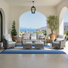 XIZZI 6-Piece Patio Furniture Sets Outdoor Furniture with Swivel Rocking Chairs and Ottomans, High Back All-Weather PE Wicker Outdoor Conversation Set, 5-seater Gray