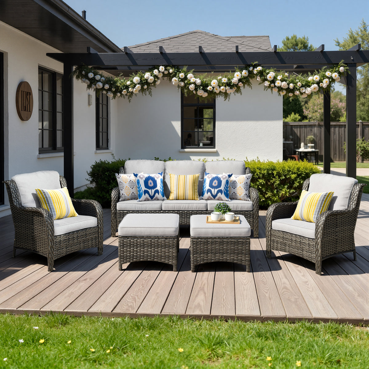 XIZZI 5-Piece Patio Furniture Sets Outdoor Furniture with Ottomans, High Back All-Weather PE Wicker Outdoor Conversation Set, 5-seater Gray