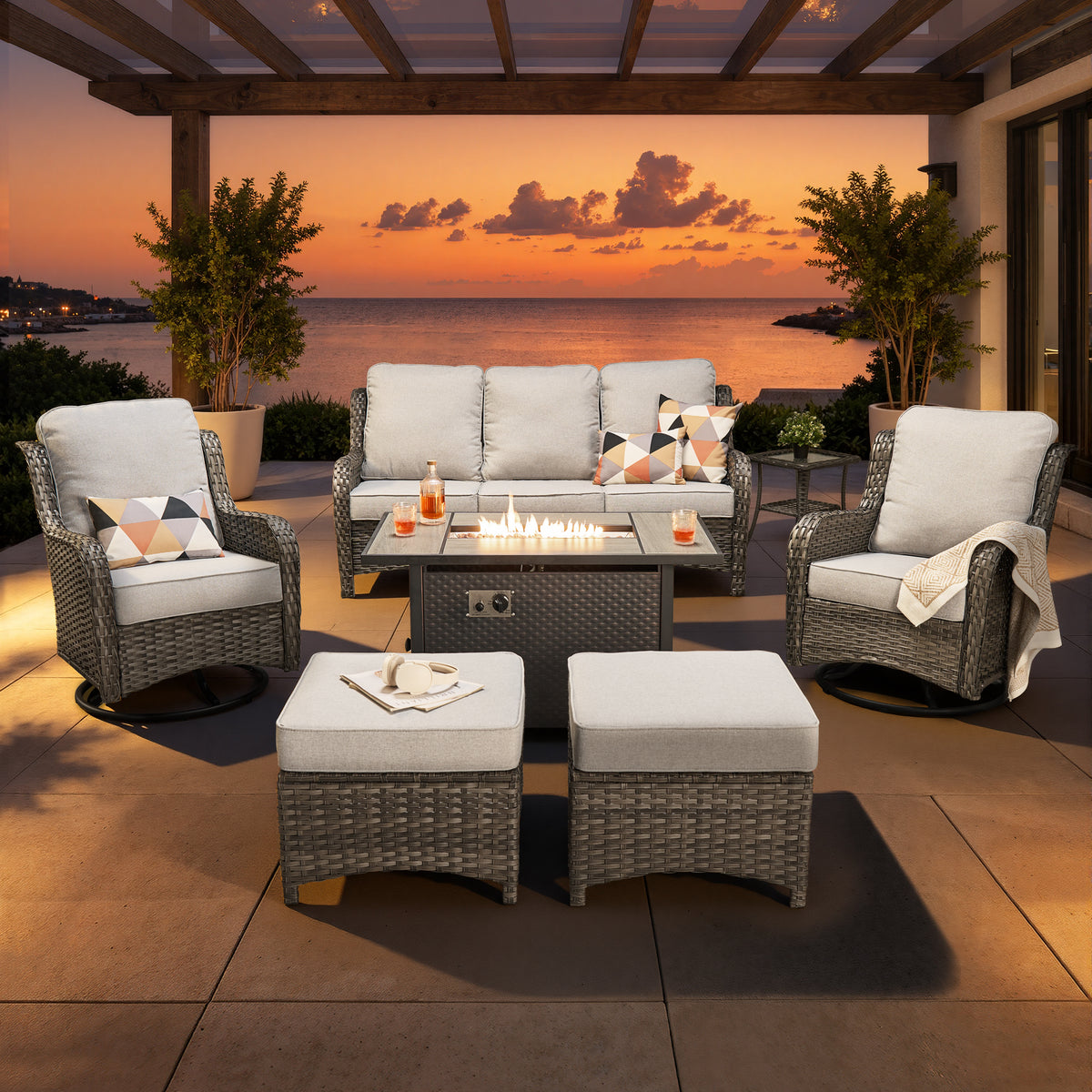 XIZZI 7-Piece Patio Furniture Sets Outdoor Furniture with Fire Pit Table and Swivel Rocking Chairs, High Back All-Weather PE Wicker Outdoor Conversation Set-Gray