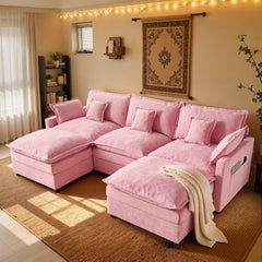 XIZZI 107.9" Modular Sectional Sofa Couch with Double Ottomans, Deep Seat Boneless Cloud Couch with Chenille Fabric, Dual Thick Cushions and Solid Wood Frame for Living Room-Pink