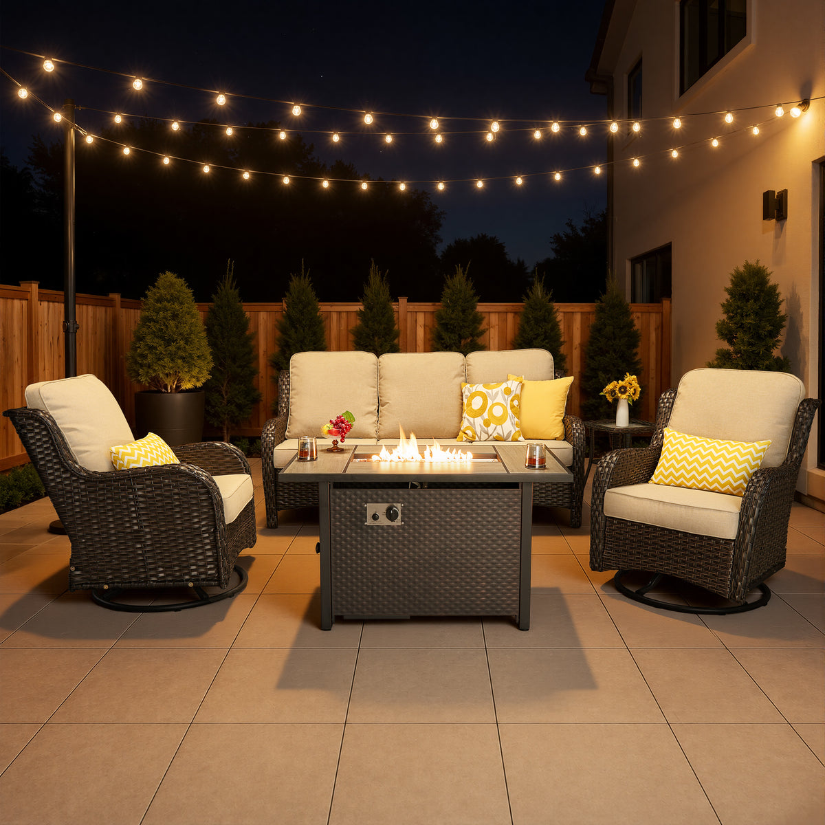 XIZZI 5-Piece Patio Furniture Sets Outdoor Furniture with Ottomans, High Back All-Weather PE Wicker Outdoor Conversation Set, 5-seater Beige