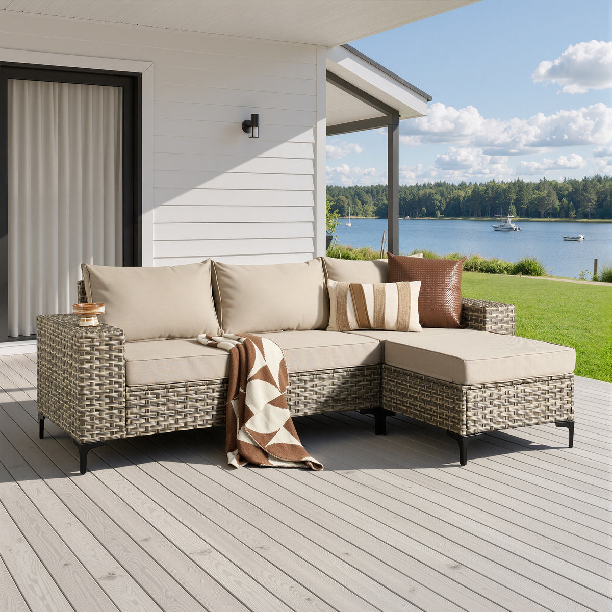 XIZZI Patio Furniture Sets Outdoor Sectional with Ottoman, 4-Piece All Weather Wicker Outdoor Conversation Patio Sets with Wide Armrests, Beige
