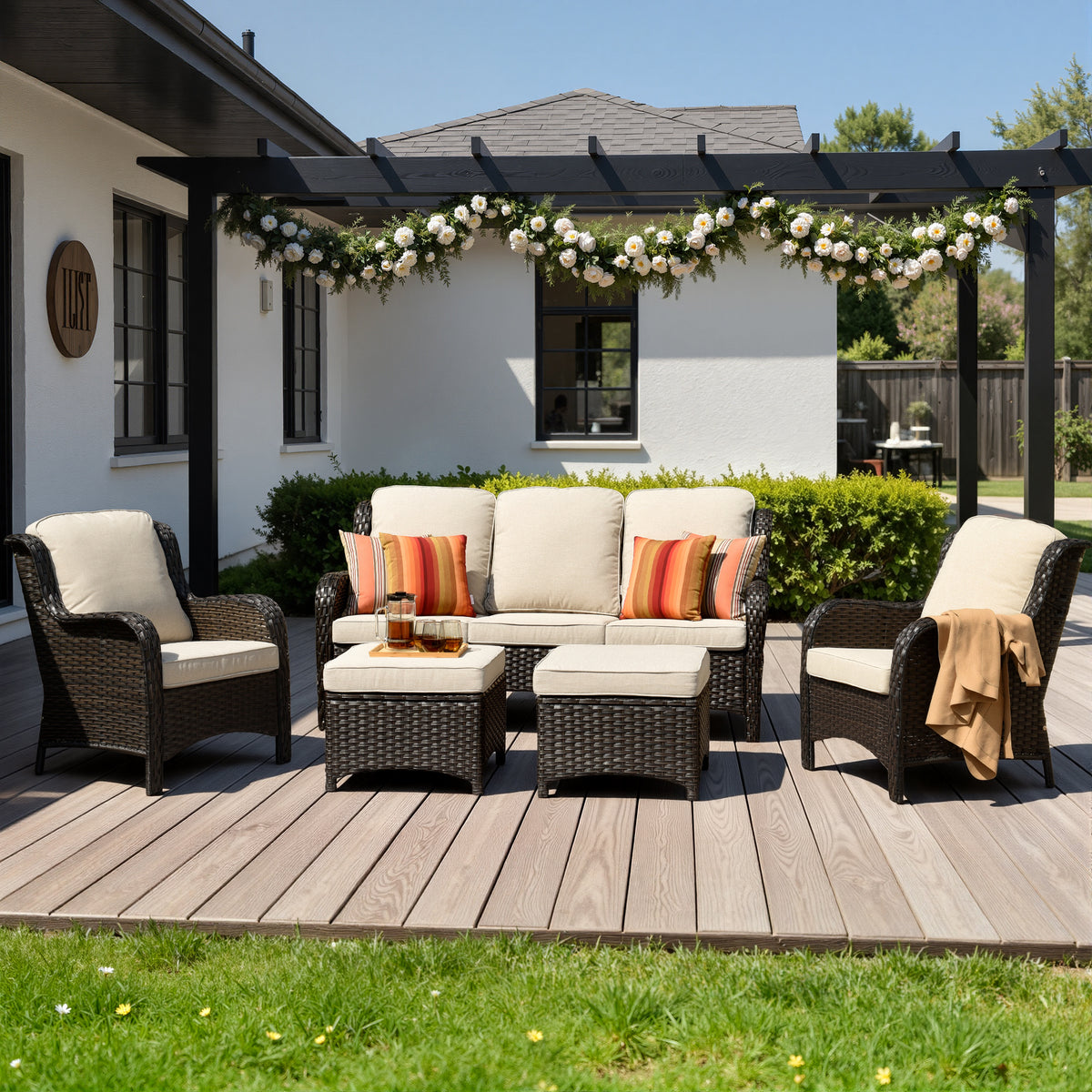 XIZZI 5-Piece Patio Furniture Sets Outdoor Furniture with Ottomans, High Back All-Weather PE Wicker Outdoor Conversation Set, 5-seater Beige