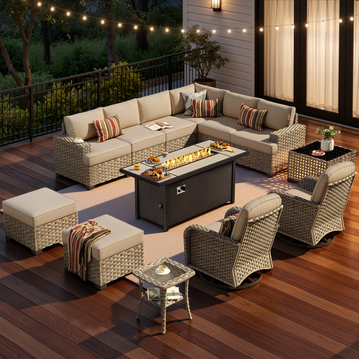 XIZZI 13-Piece Outdoor Patio Furniture Sets with Fire Pit Table Swivel Rocking Chairs, Wicker Outdoor Sectional Conversation Sets with Ottoman & Solar Coffee Table for Large Villa Manor, Beige