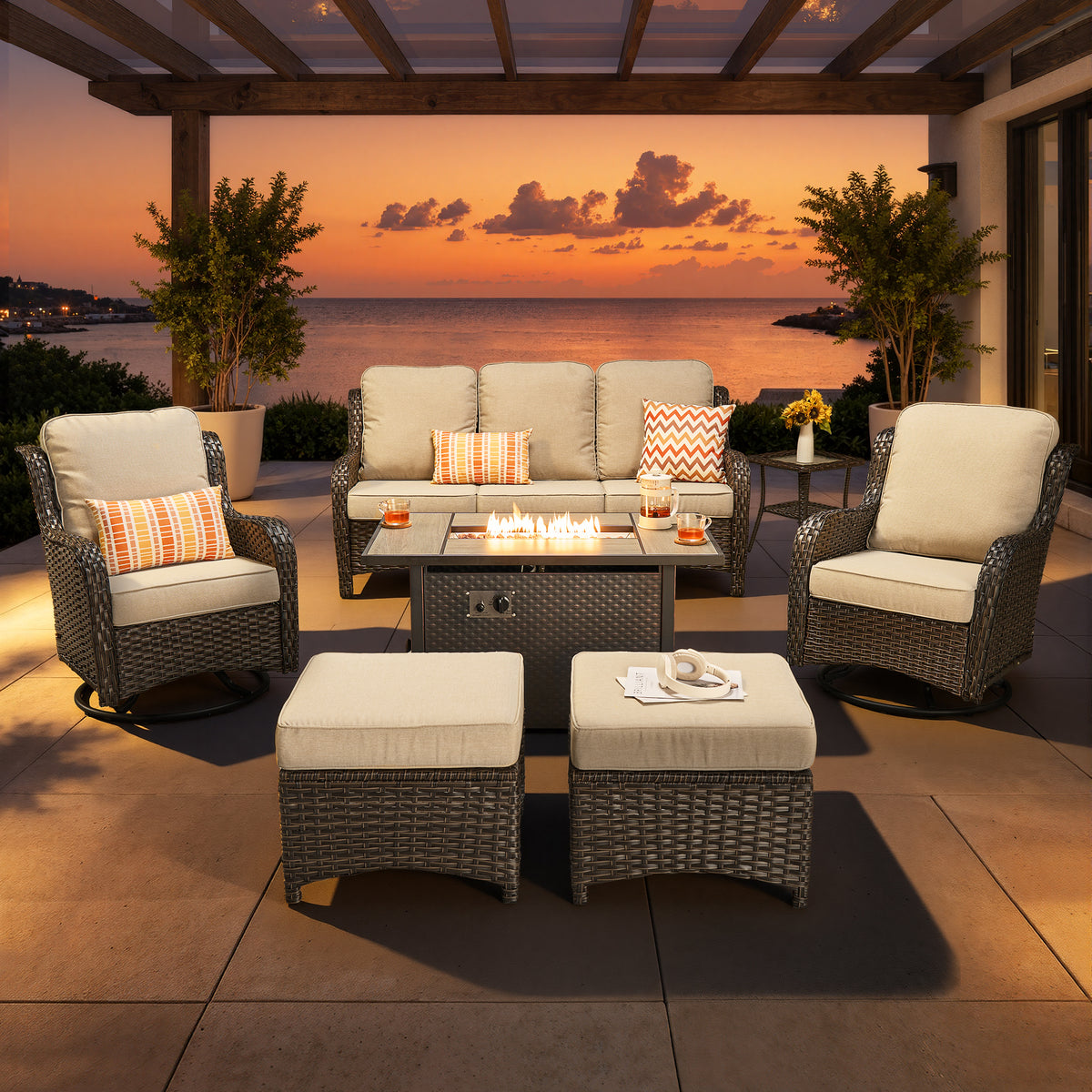 XIZZI 7-Piece Patio Furniture Sets Outdoor Furniture with Fire Pit Table and Swivel Rocking Chairs, High Back All-Weather PE Wicker Outdoor Conversation Set-Beige