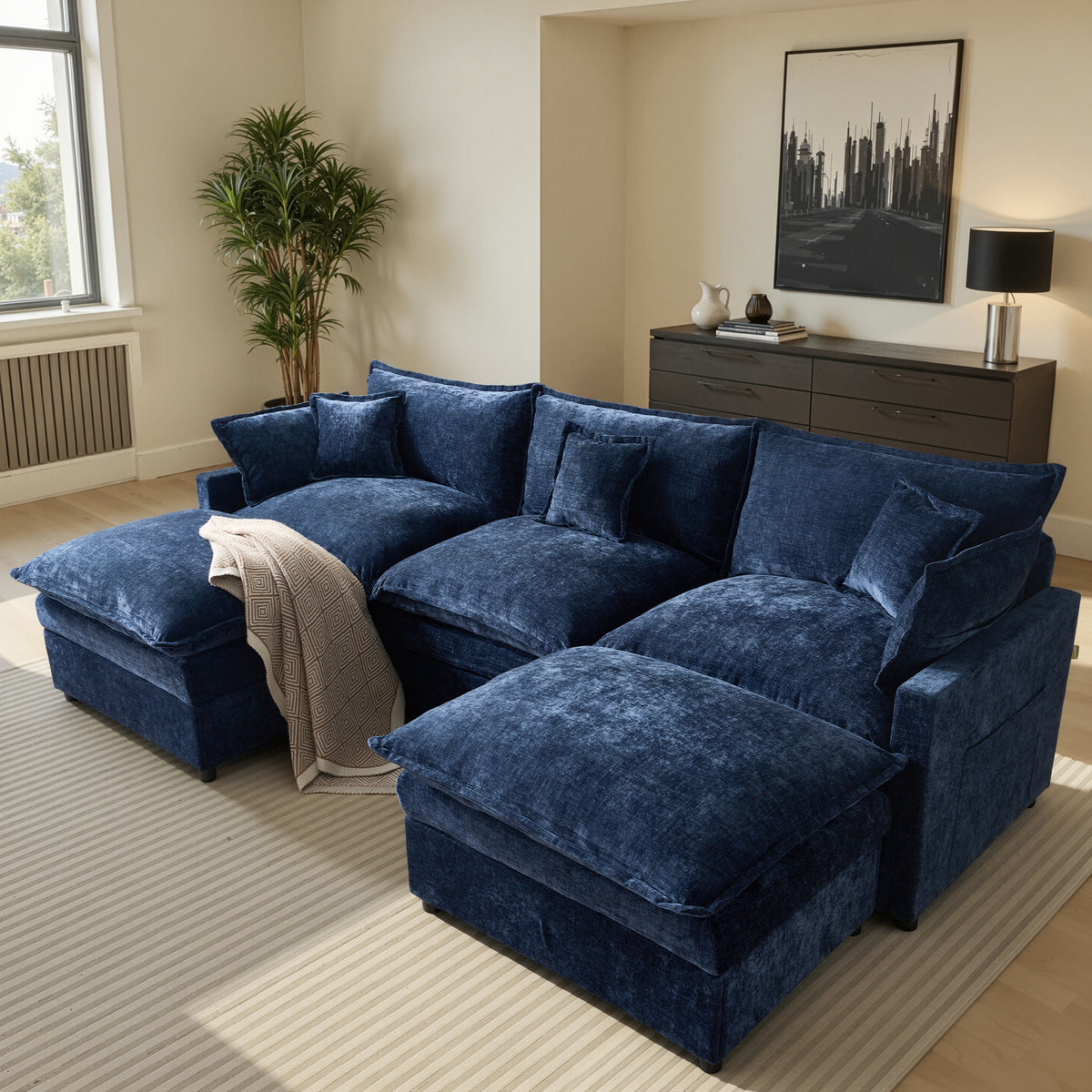XIZZI 107.9" U-Shaped Sectional Sofa with Double Ottomans, Deep Seat Cloud Couch with Chenille Fabric, Dual Thick Cushions and Solid Wood Frame for Living Room-Dark Blue