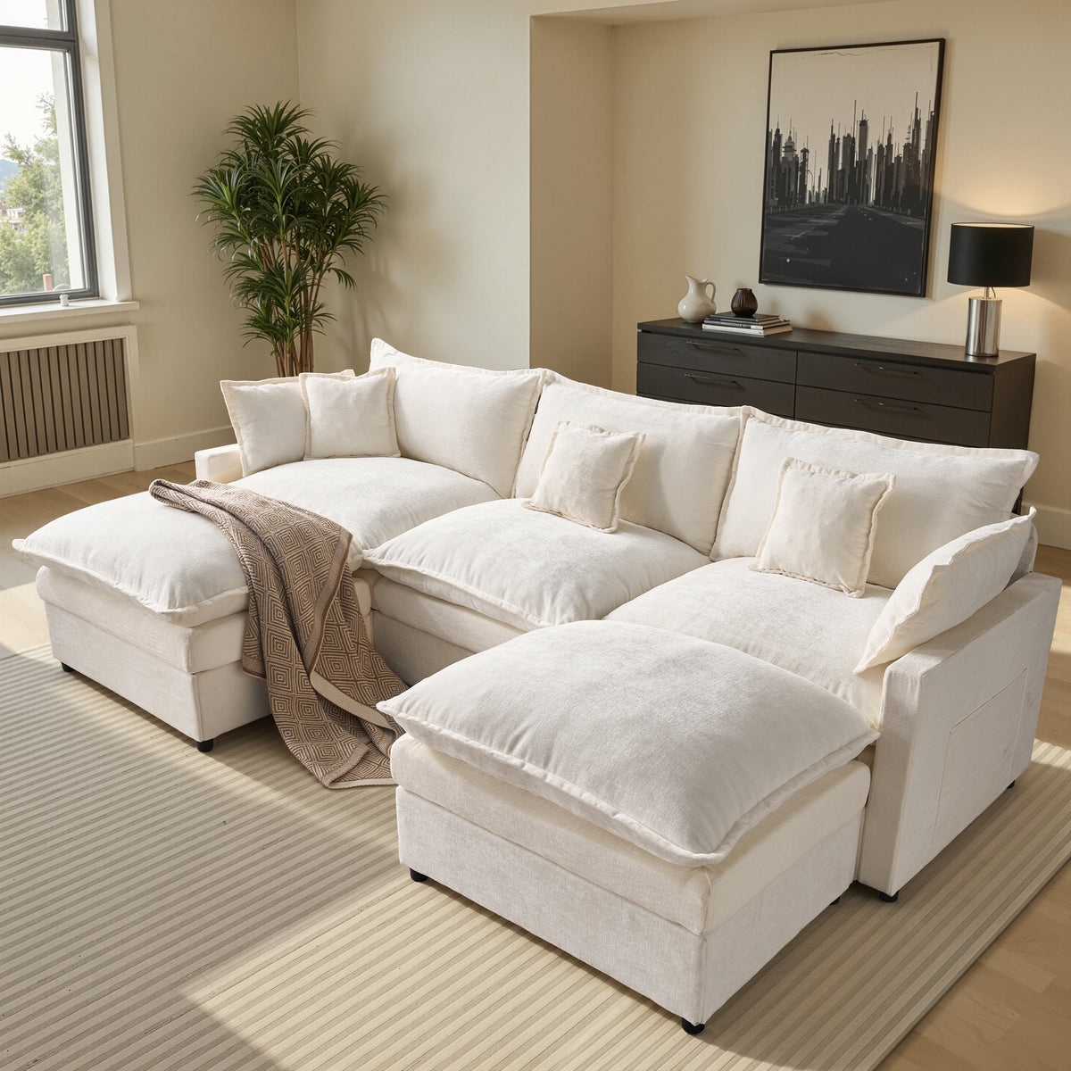 XIZZI 107.9" U-Shaped Sectional Sofa with Double Ottomans, Deep Seat Cloud Couch with Chenille Fabric, Dual Thick Cushions and Solid Wood Frame for Living Room-Beige