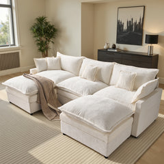 XIZZI 107.9" U-Shaped Sectional Sofa with Double Ottomans, Deep Seat Cloud Couch with Chenille Fabric, Dual Thick Cushions and Solid Wood Frame for Living Room-Beige