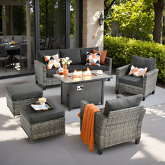XIZZI Patio Furniture Set with Fire Pit And Ottoman, All-Weather Wicker Rattan Outdoor Conversation Set High Back Outdoor Furniture Sofa for Backyard, Balck