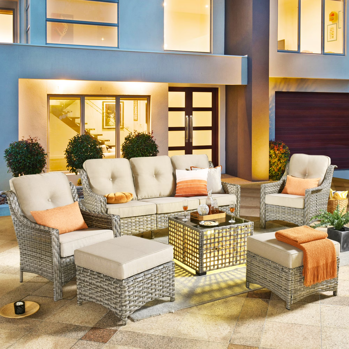 XIZZI 6 Pieces Outdoor Patio Rattan Wicker Furniture Sofa Set with Solar Coffee Table,Beige